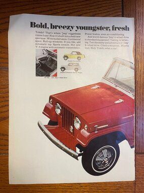Vintage 1960s Jeepster Advertisement Page With Red Jeep Illustration 8x11 Inches